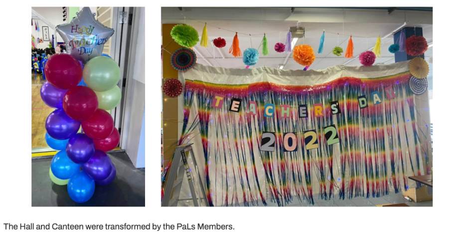 Four photos showing Teachers Day 2022 decorations with colorful streamers, balloons, pompoms, and groups of women posing.